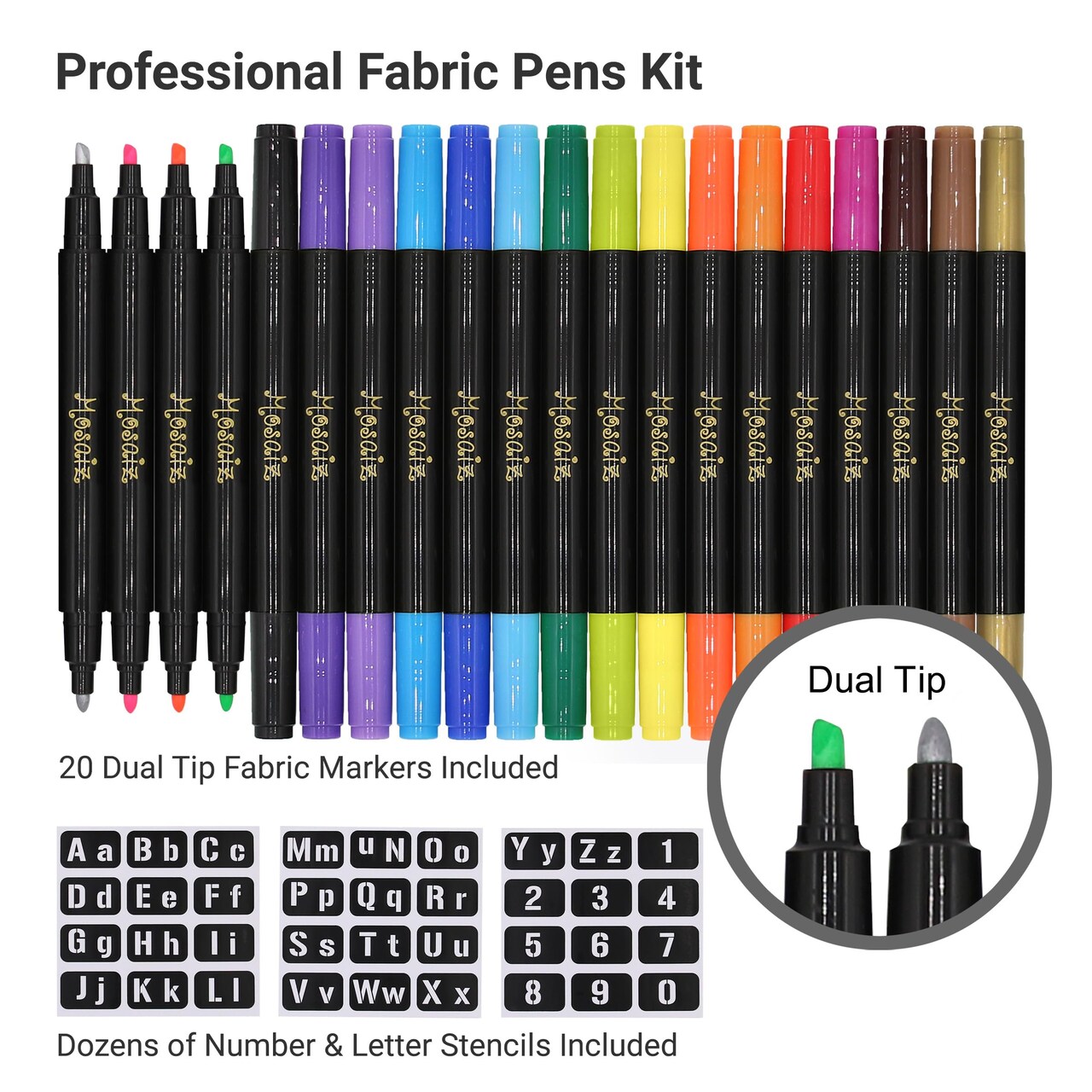 Dual Tip Fabric Markers, 20 Chisel and Fine Tip Markers Fabric Paint Pens for Fabric Decorating with Gold and Silver Colors including Numbers and Letter Stencils